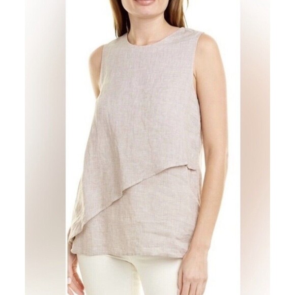 J McLaughlin Theodora Top 100% Linen Medium Tan Houndstooth Sleeveless Preppy - Picture 1 of 15